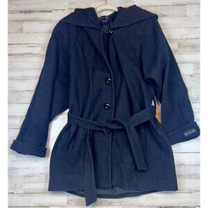 Braetan Women’s Size 10 Black 100% Wool Hooded Belted Winter Coat Tie Waist